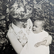 Black and White photo of late alumna Kyria Wilcox Cromwell, holding her late son Robert Christopher as an infant, c. 1970